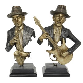 Deco 79 Polystone Musician Decorative Sculpture Home Decor Statues, Set of 2 Accent Figurines 14", 14"H, Gold