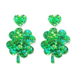 St Patricks Day Earrings for Women Glitter Green Leaf Acrylic Earring for Holiday Costumes Jewelry (Style F)