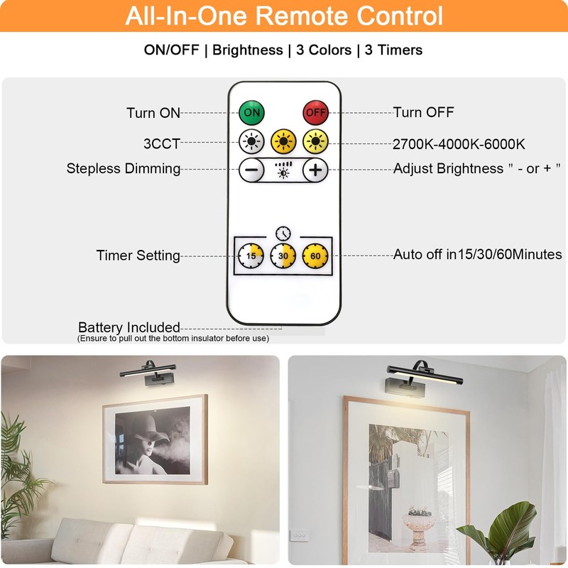 Tassuowell Battery Powered Picture Light with Remote and Timer,Full Metal