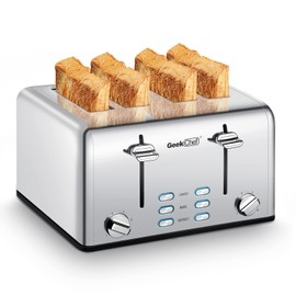 Geek Chef Stainless Steel Toaster 4 Slice, with Extra Wide Slots for Bagels, Removable Tray, Cancel/Defrost/Reheat Functions