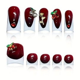 Dark Red Nail Press ons White French Tip Press on Toenails Set Cherry Glue on Nails Glossy Full Cover Fake Toe Nails Flower Stick on Nails Artificial Acrylic False Toes for Women Manicure 48Pcs