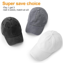 MEINICY 3 Pack Washed Plain Baseball Cap, Retro Adjustable Dad Hats Gift for Men/Women,Unstructured/Cotton(Black + White + Gray)