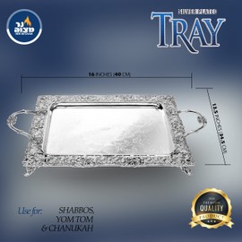 Silver Plated Menorah Tray with Handles - 16 Inch x 13.5 Inch - for Shabbos, Yom Tov, Hanukkah Drip Tray - Large Square Silver Tray - Ner Mitzvah