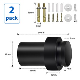 TOKPLNU Door Stops, 50mm Black Door Stop Floor Mounted Stainless Steel Heavy Duty Floor Wall Door Stoppers for Skirtings, Modern Tall Outdoor Doorstop with Rubber Tip & Ring, 2 Pack