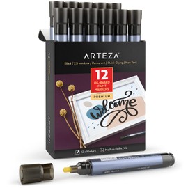 ARTEZA Oil Based Paint Markers, 12-Pack, Black, 2.5 mm Permanent Pens, Waterproof Craft and Art Supplies for Stone, Wood, Glass, Metal, Canvas, Paper