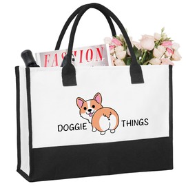 ZYQFN Corgi Doggie Things Canvas Tote Bag - Cute Dog Lovers Gifts for Women, Dog Mom - Beach & Travel Bag