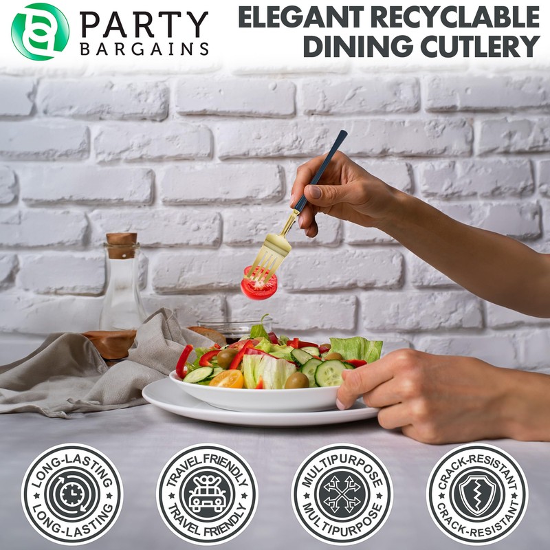 Party Bargains Disposable Plastic Navy Gold Salad Forks, Infinity Modern