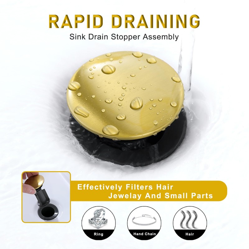 Bathroom Sink Drain without Overflow Brushed Gold, ABS Pop up