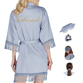 Y WJing Yi Jia Women Silk Robe Bridesmaid Robes Ladies Lace Satin Robes Bride Robe Wedding Party with eye mask scrunchie 3 In 1 Set Monograms Print Bridal Sleepwear