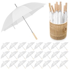 Cosblank 24 Pcs Wedding Umbrellas Bulk, 41 Inch Wedding Stick Umbrellas with Wooden Handle Large Canopy Windproof Rain for Bride Groom Bridal Shower Party Decor(White)