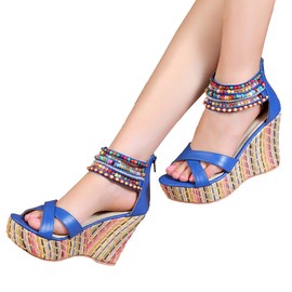 getmorebeauty Women's Navy Blue Weave Wedge With Pearls Across The Top Platform High Heels 9 US