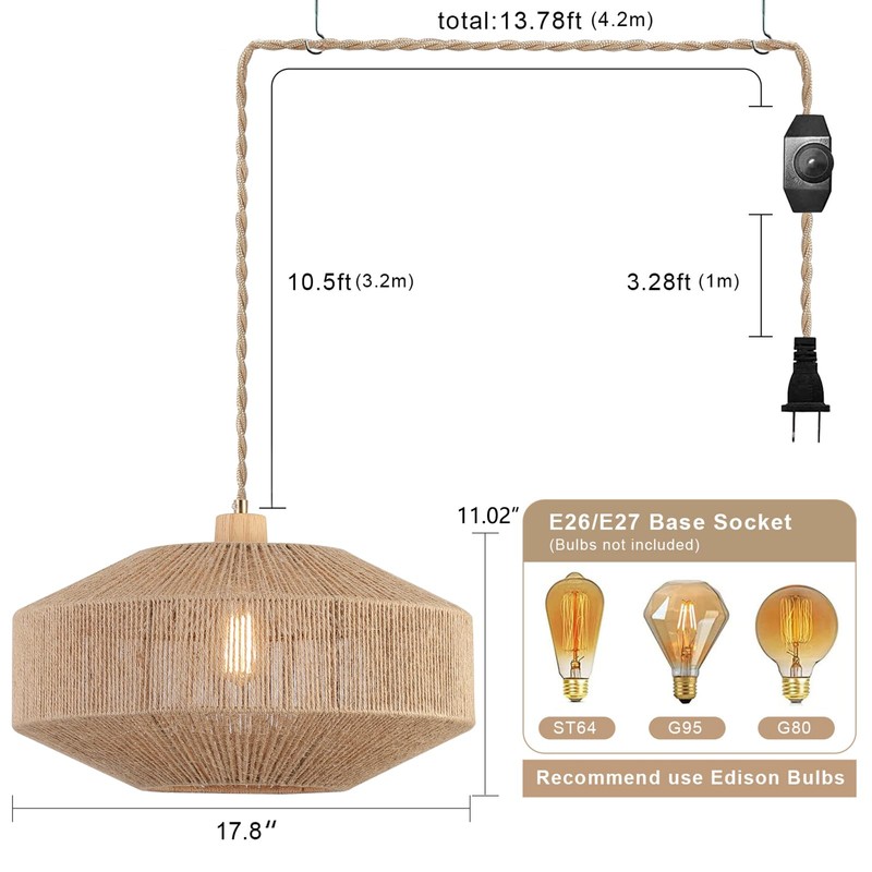 Coastal Large Woven Plug in Pendant Light with 14ft Handmade
