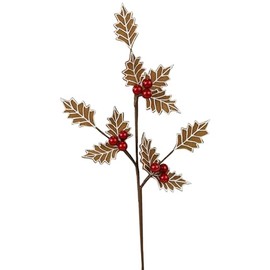 Craig Bachman Gingerbread Holly Leaf Christmas Spray, 19 Inch, Brown and Red with White Icing Details, Holiday Tree Decor