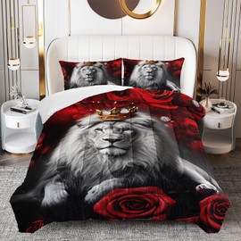 OUIXOTIC Wild Lion Comforter Set Queen Size, 3Pcs Animal Lion and Red Rose Bedding Set for Women and Adults, Cheetah Soft Comforter Set for Bedroom Bed Decor, 1 Comforter+ 2 Pillowcases.