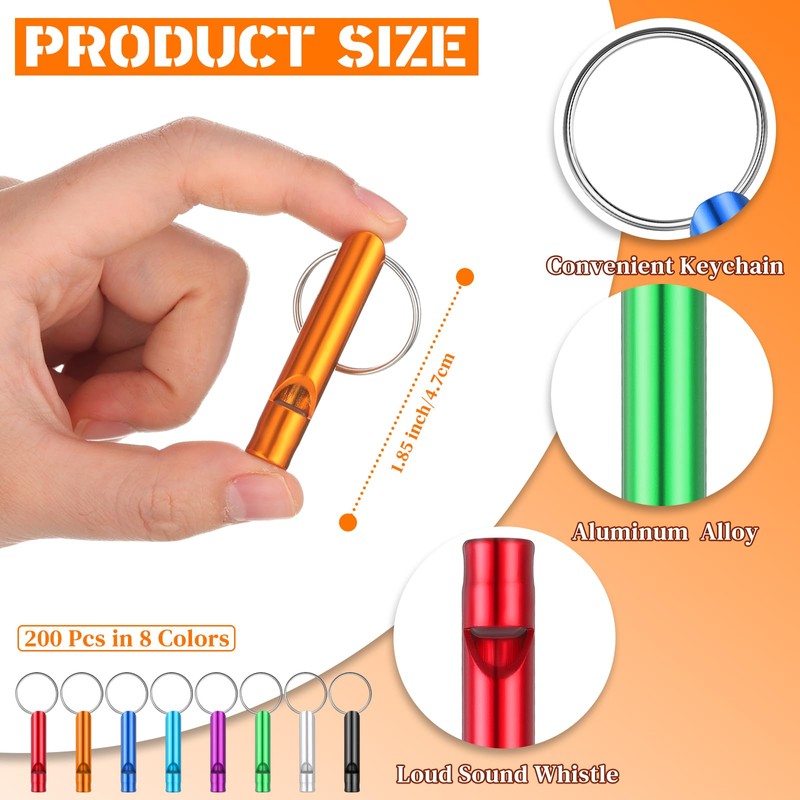 Hollowfly 200 Pcs Emergency Whistles with Keychains Aluminum Extra Loud