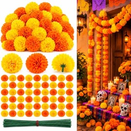 50 Cabezas de Caléndula Artificiales de Seda, Flores Decorativas para Día de Muertos, Fiestas Mexicanas, Diwali, Bodas, Baby Shower, Guirnaldas y Manu
