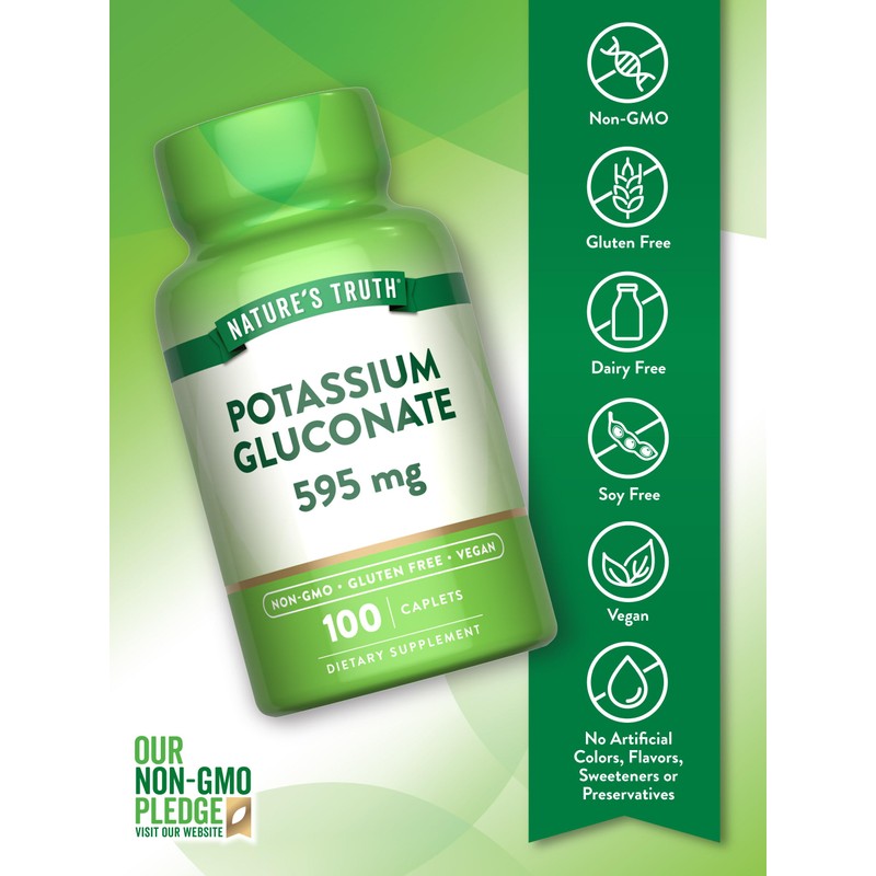 Nature's Truth Potassium Gluconate 595mg | 100 Caplets | Vegan,