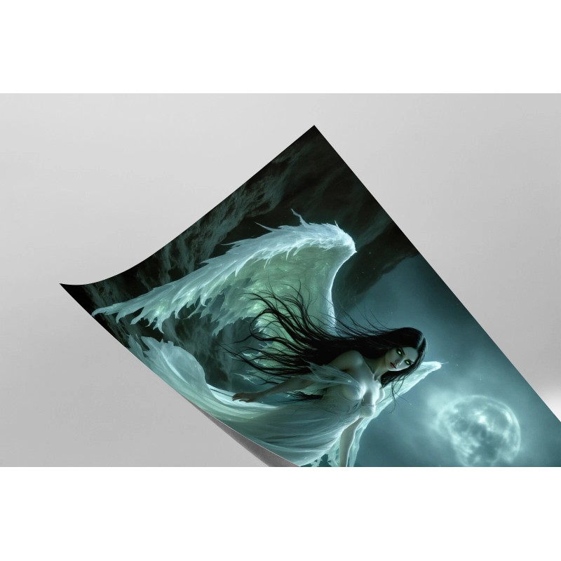 A Dark Angel with Glowing Wings Overlooks a Moonlit Ocean