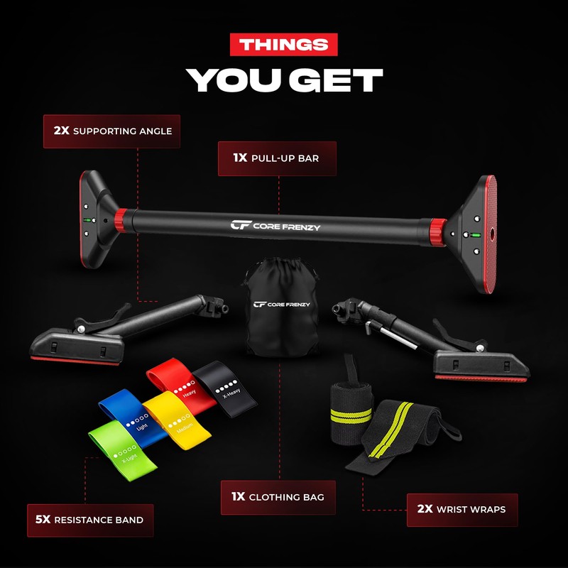 Core Frenzy Pull Up Bar for doorway With Resistance Bands,