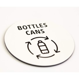 Bottles & Cans Recycling Sign | Sustainability & Recycle Bin Signs | 3” Round White Acrylic - Laser Engraved Black Text | Waste Management & Basket Signage