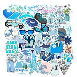 Blue Stickers for Water Bottles, 51 Pcs Cute Vsco Trendy Waterproof Sticker for Laptop Phone Luggage Skateboard, Aesthetic Vinyl Decal for Girls, Kids, Teens (51 Pack Blue)