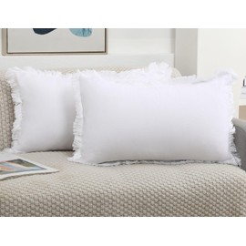 NUYECY Set of 2 Natural Linen Fringed Throw Pillow Covers,White Neutral Decorative Lumbar Pillowcase with Chic Tassel Burlap Boho Cushion Covers for Couch Sofa Farmhouse,12x20 inches