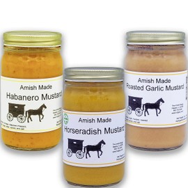 Amish Mustard Assortment - Three 7 Oz Jars - Horseradish, Toasted Onion & Habenero
