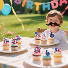 48Pcs Edible Happy Independence Day Cupcake Toppers Wafer Paper 4th of July Cupcake Picks Independence Day Parties Patriotic Theme Party Supplies