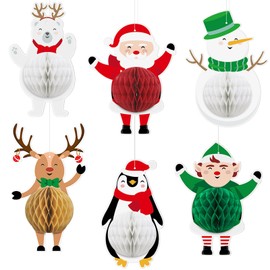 Fassory 6 Pcs Medium Honeycomb Paper Christmas Decorations, Santa Elf Reindeer Snowman Penguin Christmas Ornaments Hanging Decorations Reusable (Medium Cute - 6 Pcs)