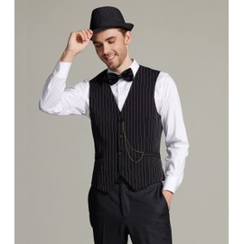Gionforsy 1920s Mens Vest Accessories Gatsby Costume Set 20s Hat Suspenders Bow Tie Vintage(X-Large, Stripe Black2)