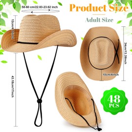 48 Pcs Adult Cowboy Hat Bulk Western Party Straw Hat Unisex Cowboy Cowgirl Hat Set Straw Sun Hat for Women Men (Khaki)