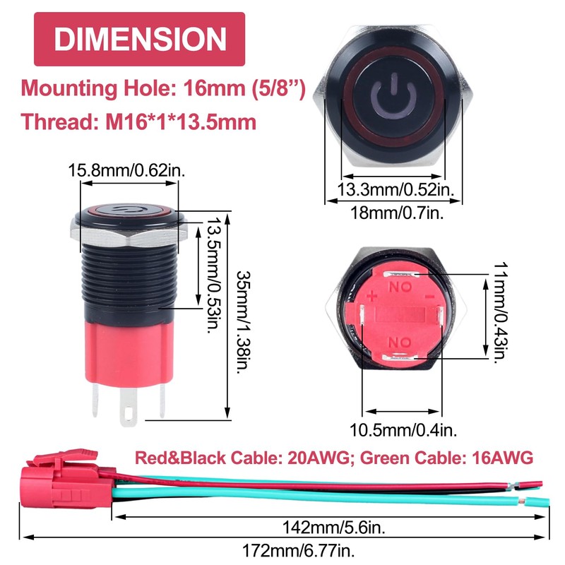 DMWD 16mm Heavy Duty Latching Metal Push Button Switch Waterproof