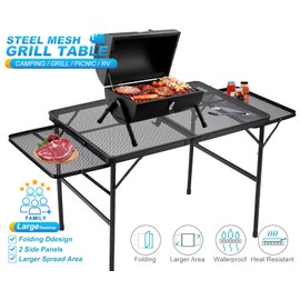 SKIKEN Family Camping Table with 2 Side Shelves, Folding Metal Grill Table, Large Metal Mesh Table Top, 2 Adjustable Heights, Picnic Table/Outdoor Table with Wing Panels Side Shelf(4.5ft, Black)