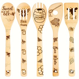 5 Pieces Bamboo Bee Spoons Cooking Utensils, Honeycomb Engraved Kitchen Tool Accessories Set, Honey Spatula Christmas Birthday Wedding Favor Gift