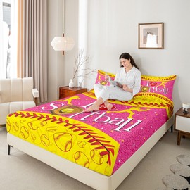 Softball Fitted Sheet Queen Size Sports Gaming Bedding Set Yellow and Pink Sheet Set,Softball Gloves Bed Cover Ultra Soft Breathable Bedspread 3 Pcs for Kids Teens Boys No Flat Sheet