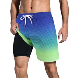 LUCOWEE Traje de baño para hombre, con forro de compresión, con cierre, bolsillo y bucle, secado rápido, entrepierna de 7 pulgadas, Azul Neón, Small
