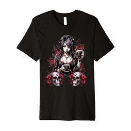 Gothic Woman Roses Skull Emo Aesthetic Skeleton Reaper Art Premium T-Shirt