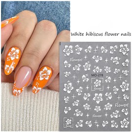 Flowers Nail Stickers - Hibiscus Flower Nail Decals 3D Self-Adhesive White Pink Purple Flower Star Pattern Summer Hibiscus Nail Design Manicure Tropical Nails Adhesive Sliders Sticker for Women Girls