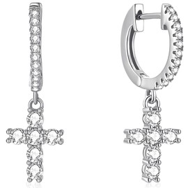 Petite CZ Cross Charm Huggie Earrings |.925 Sterling Silver| Pave Cross Hoops | Small Hoop Dangle | Hypoallergenic Core