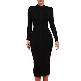 whoinshop Women's Cross Strap Ribbed Bandage Long Sleeve Midi Fall Winter Bodycon Party Dress (L, Black)