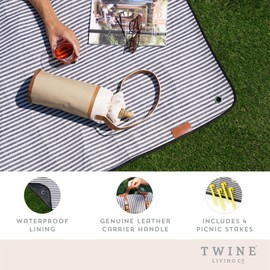 Twine Picnic Blanket - Waterproof Outdoor Blanket with Leather Carrying Straps and Picnic Stakes - Navy/White Striped 6pc Set of 1