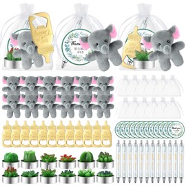 Nuanchu 72 Pcs Baby Shower Favors for Guests Baby Shower Gifts Prizes Mini Elephant Stuffed Animals Ballpoint Pens Bottle Opener Succulent Cactus Candle with Card Organza Bags for Game Player Winner