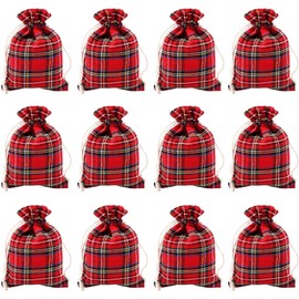 12pcs Red Tartan Bag Drawstring Bags, Reusable Woven Bag For Giving Birthday Gifts And Party Decorations