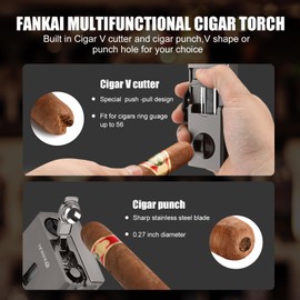 FANKAI Cigar Lighter, Multi-Tool Torch Lighter with Sliding Cigar V Cutter, Cigar Holder Cigar Poker Cigar Accessories, Butane Lighter Triple Jet Flame, Cool Lighter Gift for Men (Gray)