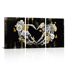Visual Art Decor Black Grey Gold Skull Decor Love Heart Painting Gothic Home Decor, Framed Artwork for Walls 3 Pieces (Large)