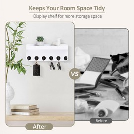 Nekon Key Holder Wall Mount, 12.9 Inch Home Decor Wooden Wall Organizer with 6 Hooks and Display Shelf, Wall Shelf for Living Room Entryway Kitchen (White)