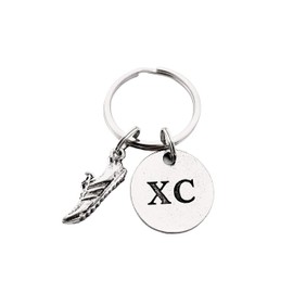 RUN XC Pewter Pendant Key Chain - Pewter Running Shoe Charm and Round Pewter XC Pendant on Round Stainless Steel Key Ring