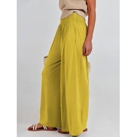 ANRABESS Women Palazzo Pants Summer Boho Bagyy Wide Leg High Smocked Waist Casual Loose Lounge Pant with Pocket Yellow XX-Large