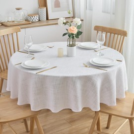 SPRICA Round Cotton Linen Look Tablecloth 63 Inch/160cm Water-Resistant Soft Solid Color Cover for Kitchen, Outdoor, Garden Table, Machine Washable, White