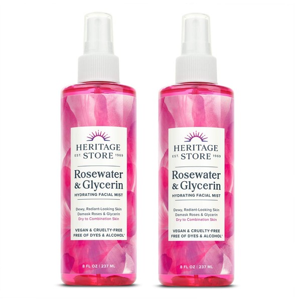 Heritage Store Rosewater & Glycerin 2-pack, Hydrating Facial Mist for Dry Combination Skin Care, Rose Water Spray for Face with Vegetable Glycerine, Made Without Dyes or Alcohol, Vegan, 8oz each
